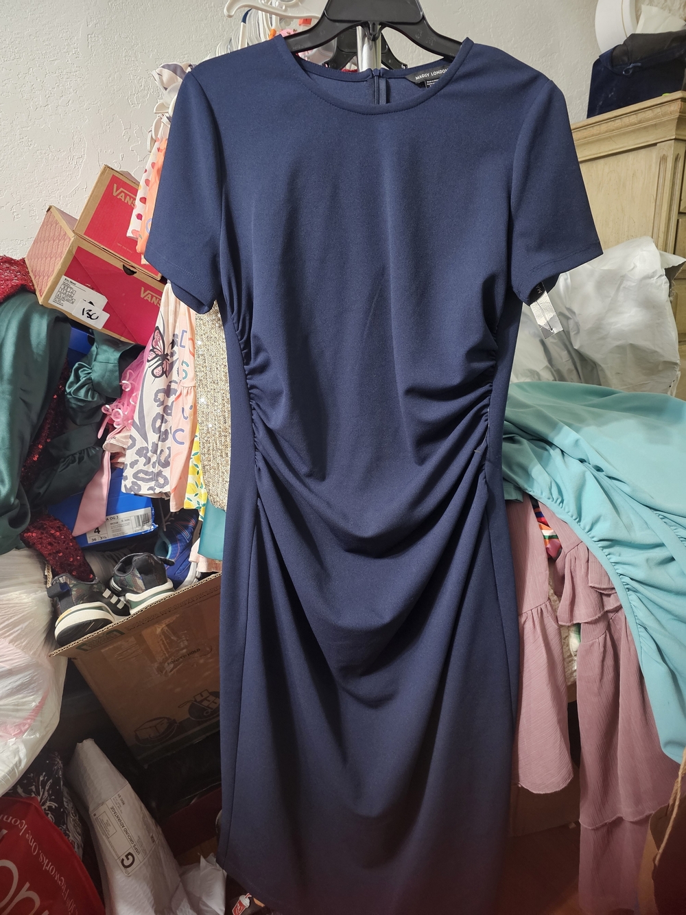 Maggy London Navy Ruched Midi Dress